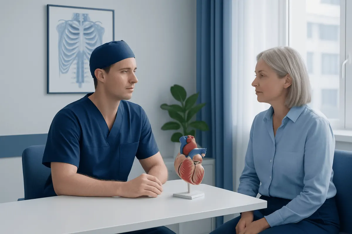 Cardiothoracic surgeon discussing heart health with patient in clinic.