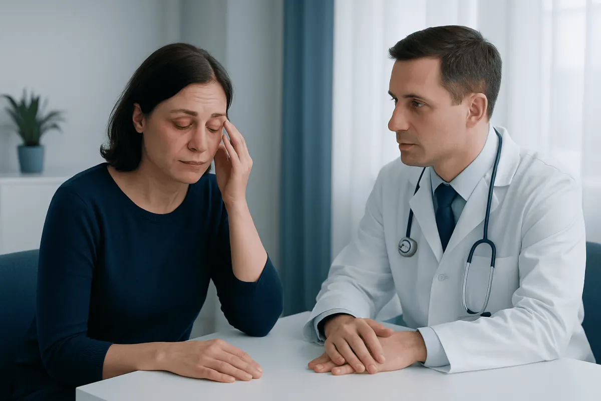 Patient discussing eyelid surgery concerns with doctor in clinic.