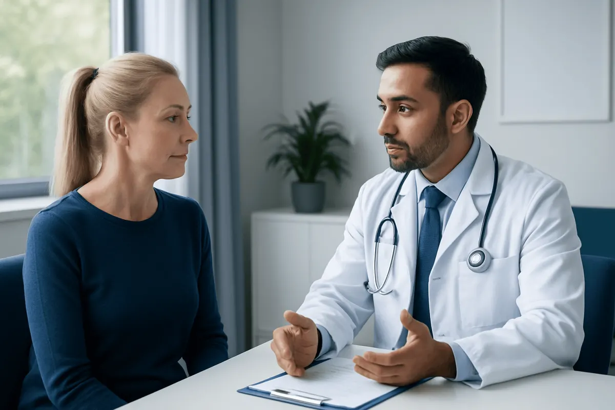 Doctor consulting with a female patient in a modern clinic setting.