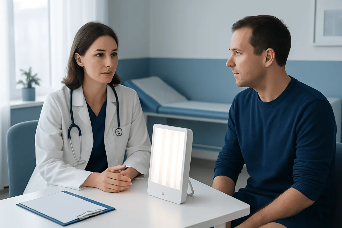Doctor explaining light therapy treatment to patient in clinic.