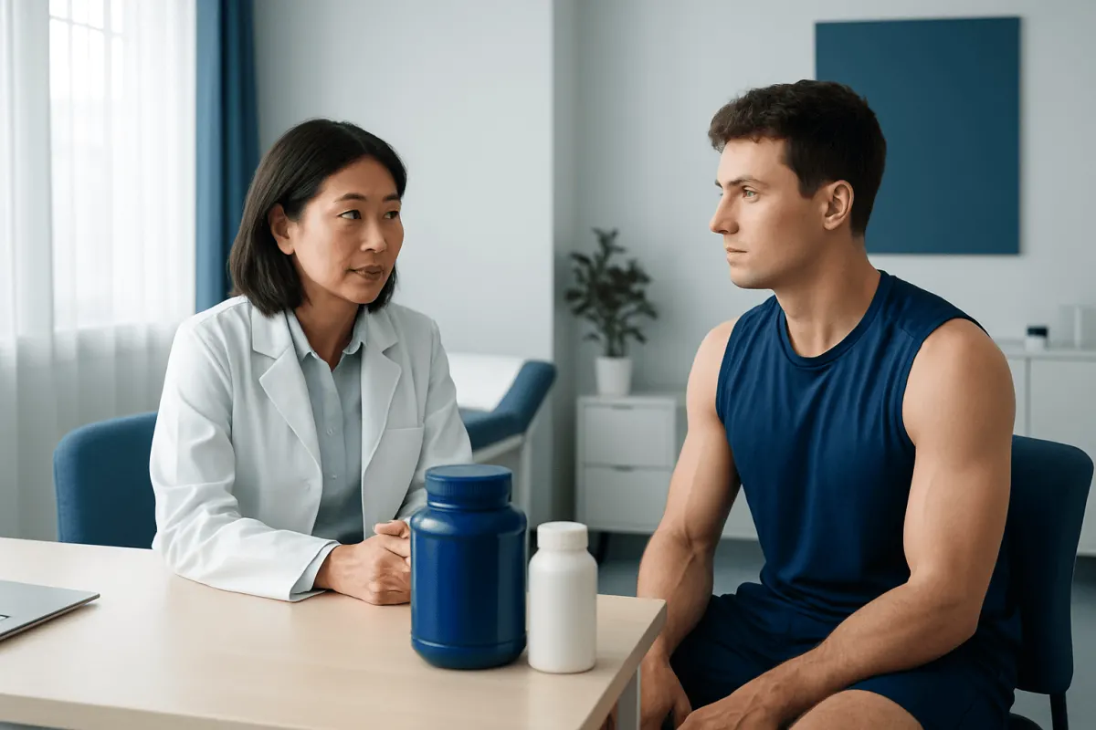 Doctor consulting with a young male patient in a medical office.