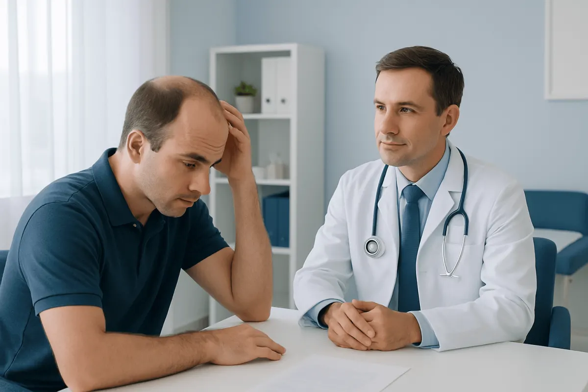 Patient consulting with doctor about hair loss concerns at Acibadem Hospital.