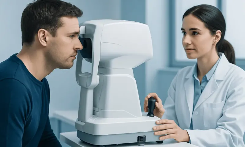 Optometrist performs eye test using a machine on a patient at Acibadem Hospital.