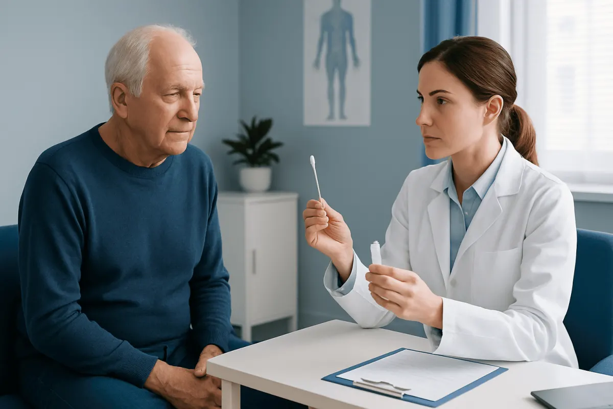 Doctor explaining saliva test to elderly male patient in clinic.
