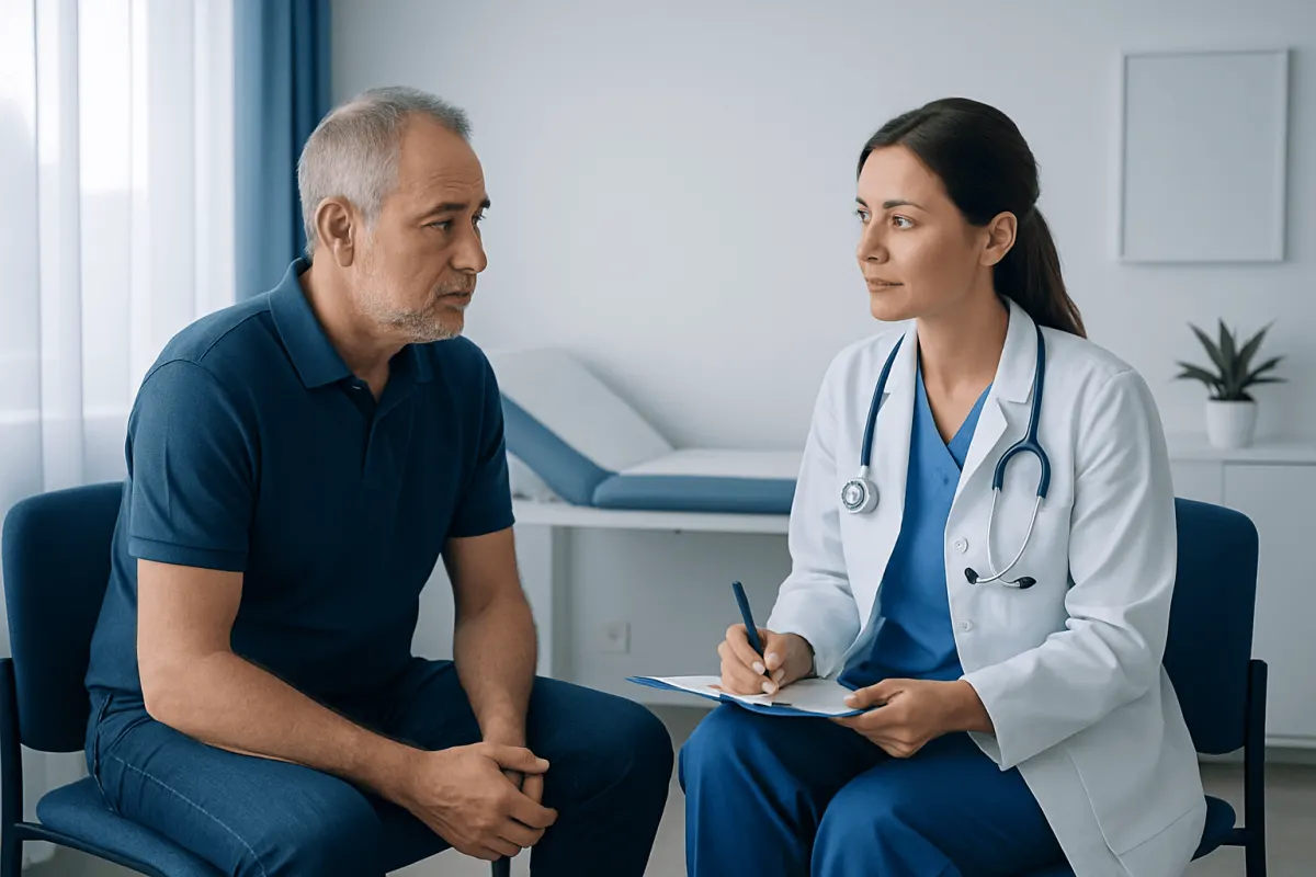 Doctor consulting with a male patient in a medical office setting.