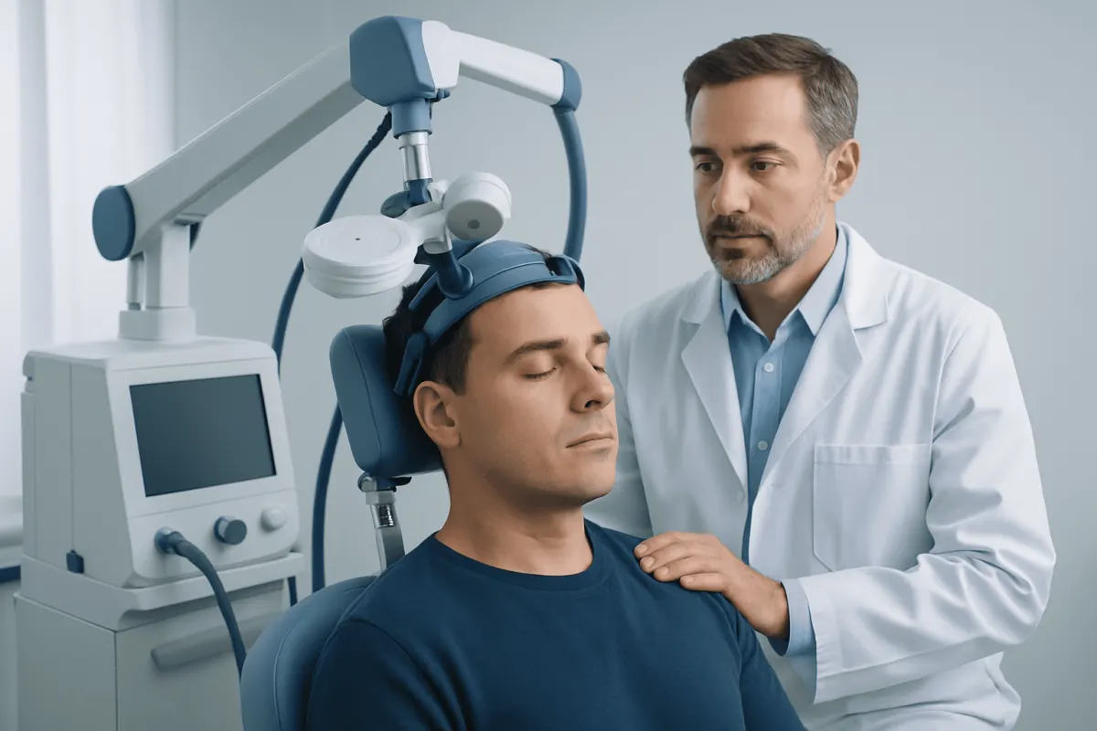 Doctor performing a neurological examination on a patient with EEG equipment.