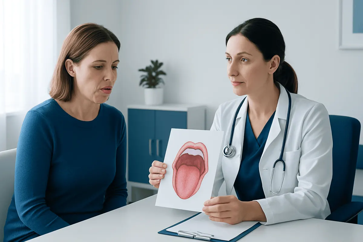 Doctor explaining causes of puffy tongue to patient with diagram.