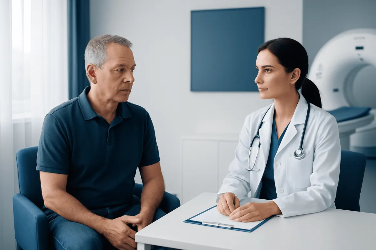 Doctor consulting with patient in medical examination room at Acibadem Hospital.