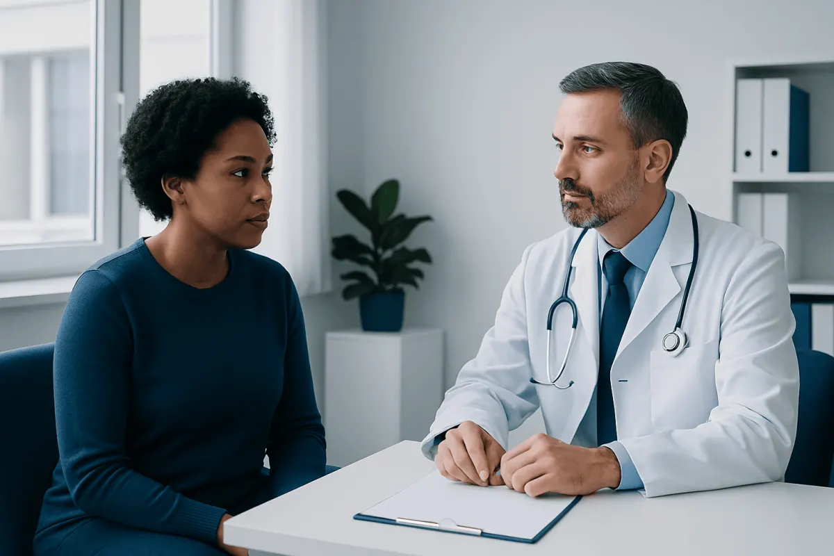 Doctor consulting with a patient in a modern medical office.