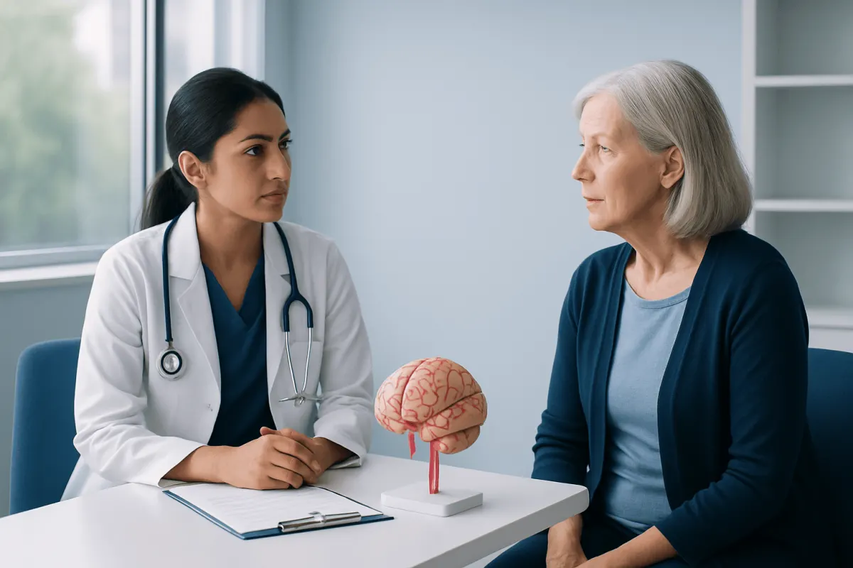 Doctor discussing brain aneurysm with elderly patient in consultation room.