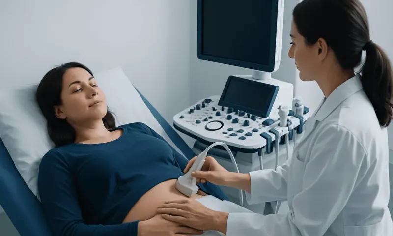 Doctor performing an ultrasound on a pregnant woman in a hospital room.