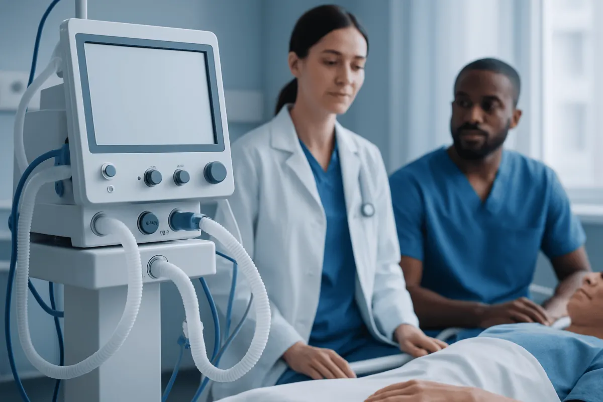 Medical professionals monitoring a patient with ventilator in hospital.