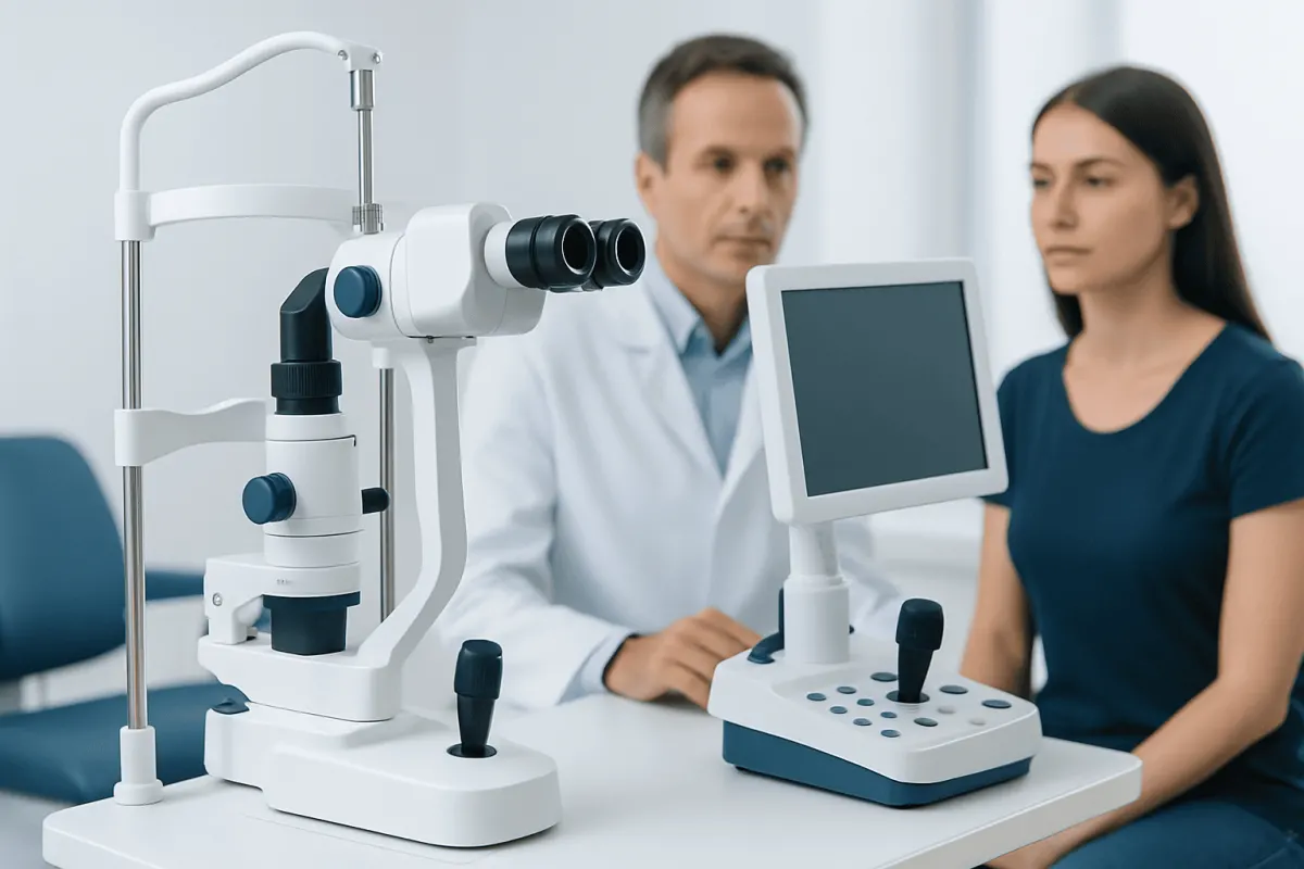 Ophthalmologist examining patient with slit lamp in clinic.