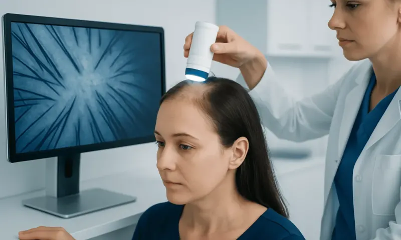 Doctor examines woman's scalp using specialized device in a clinical setting.