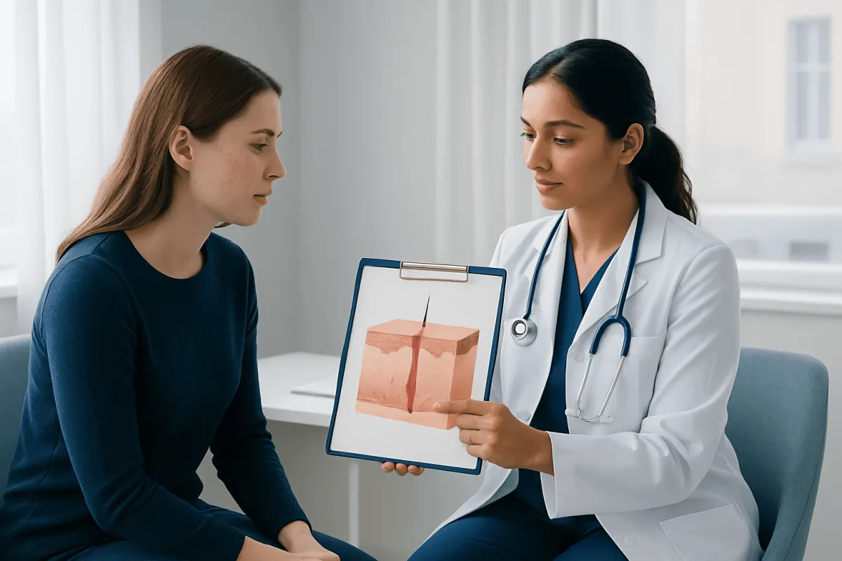 Dermatologist explains skin layers to patient with skin condition.
