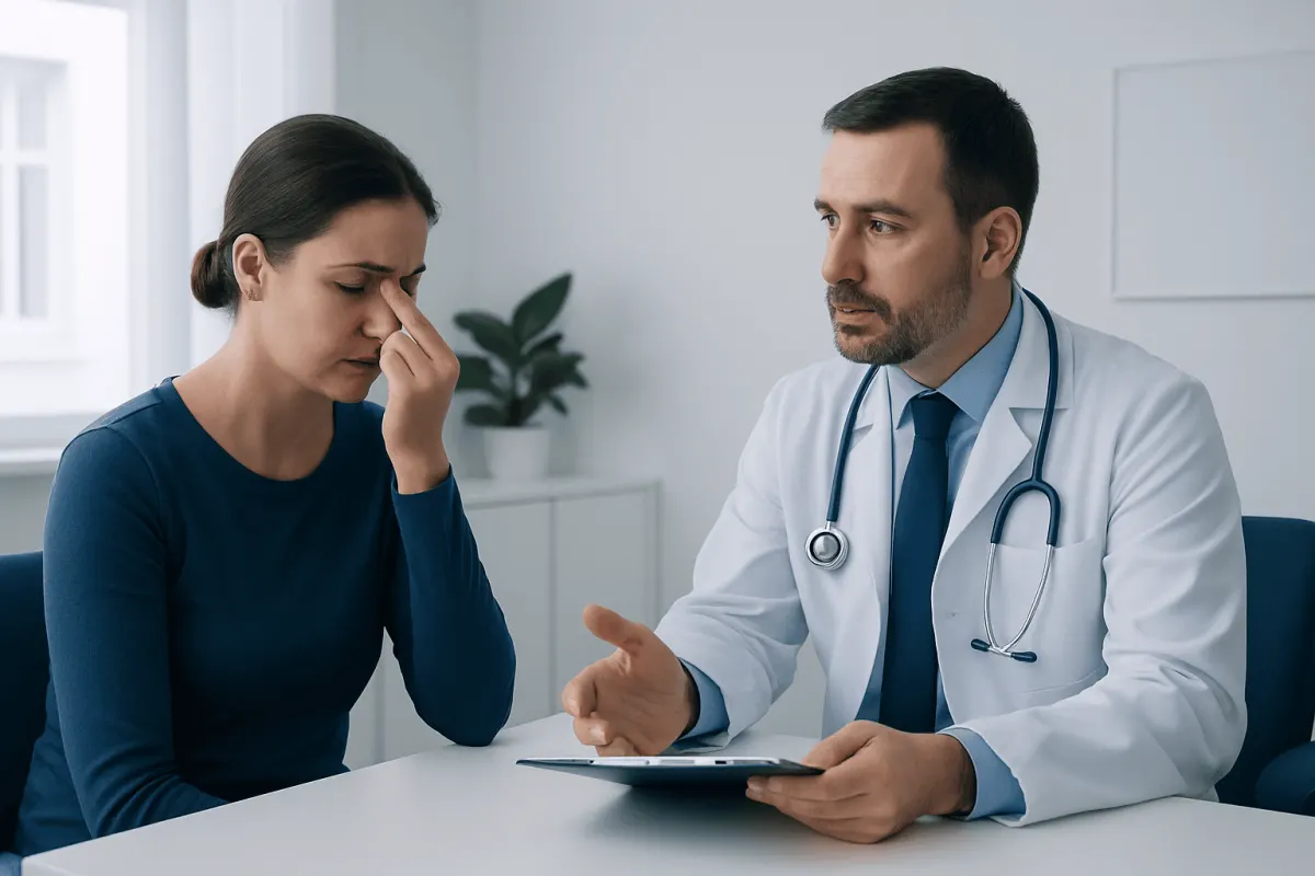 Doctor consulting with a woman patient about sinus infection symptoms.
