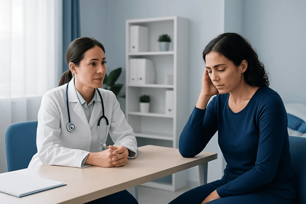 Doctor consulting with a patient about sleep issues in a medical office.
