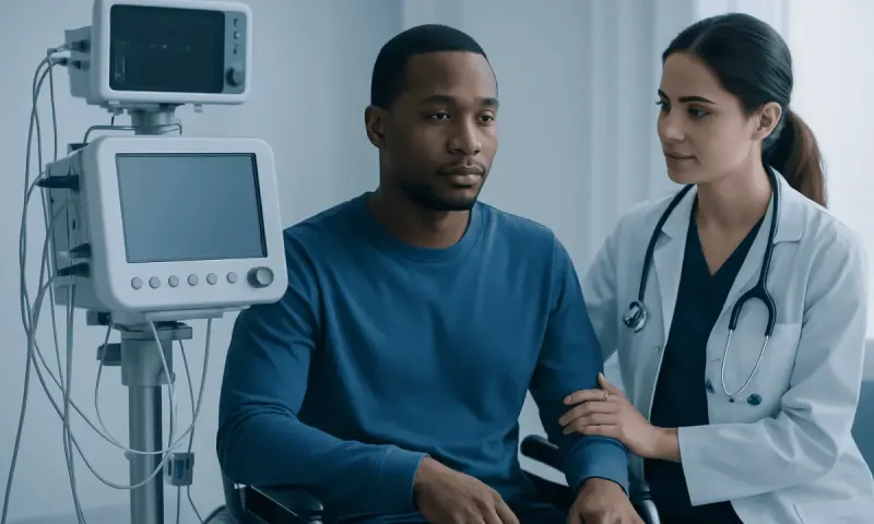 Doctor examining patient with medical monitors in hospital setting.