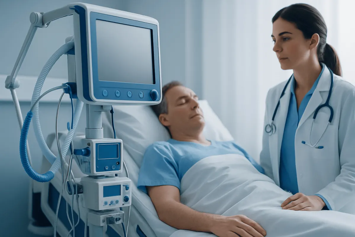 Hospital patient in bed with medical staff monitoring vital signs.
