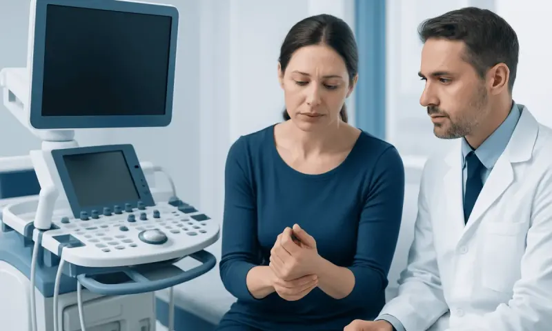 Doctor consulting a patient with wrist pain in a medical clinic.