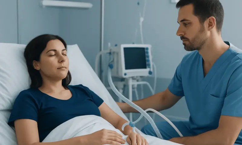 Patient in hospital bed receiving medical care from healthcare professional.