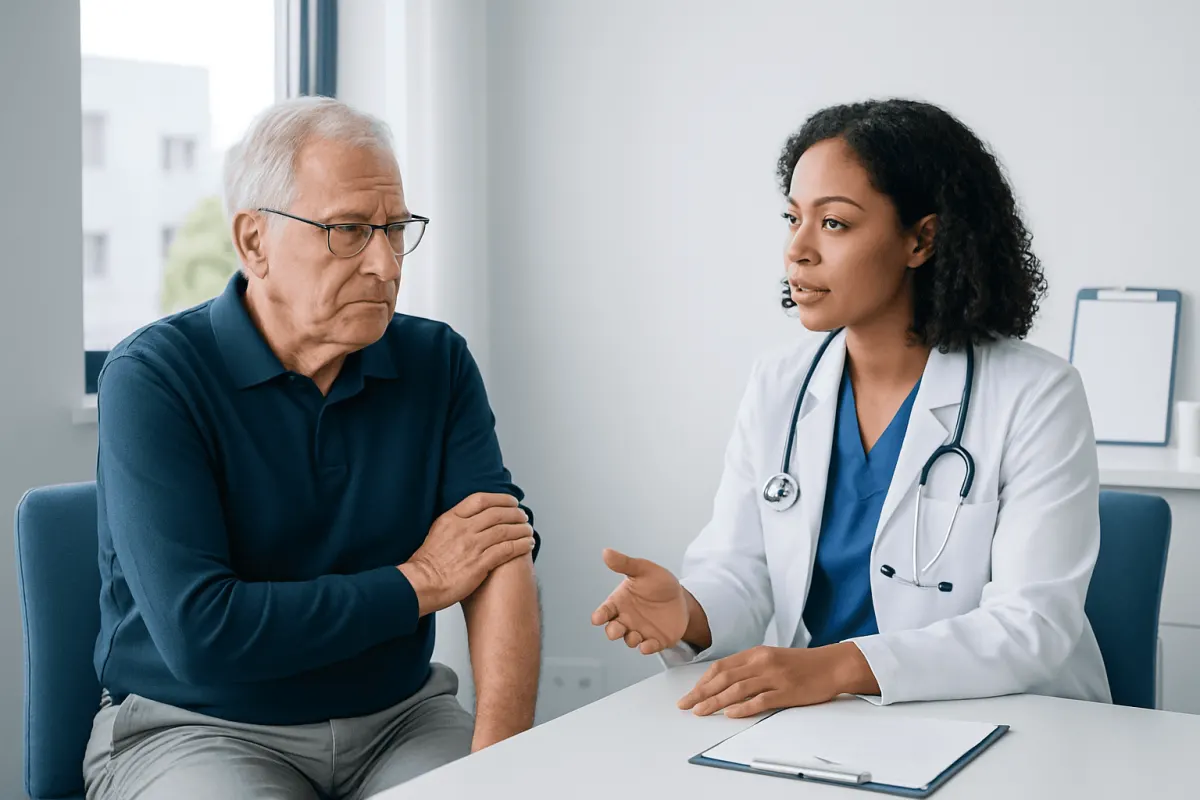 Doctor explaining Shingrix vaccine importance to elderly patient.
