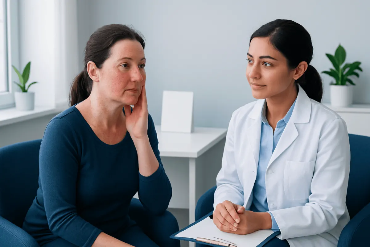 Doctor consulting with a patient about facial skin concerns in a clinic setting.