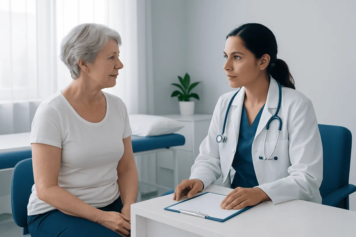 Doctor consulting with an elderly female patient in a medical office.