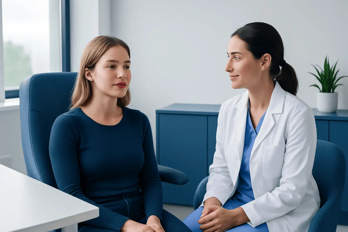Doctor consulting with a patient about dermal fillers in a modern clinic setting.