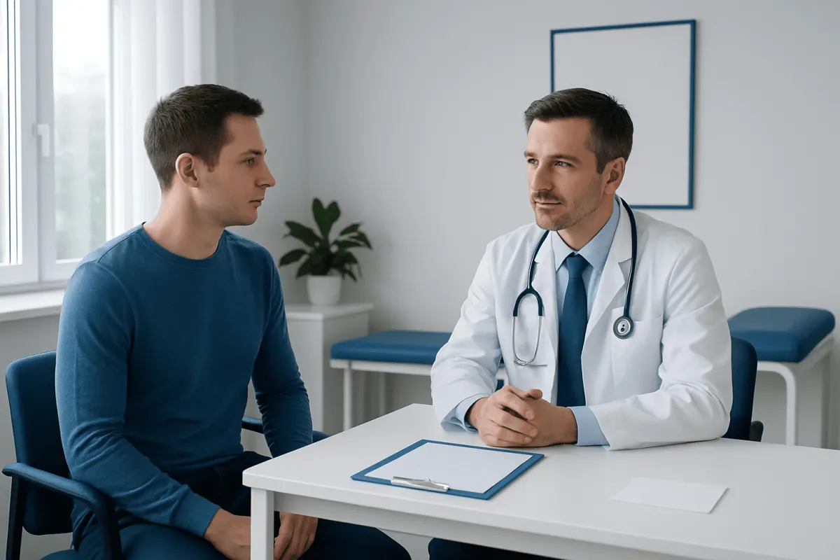 Doctor consulting with a young male patient in a medical office.
