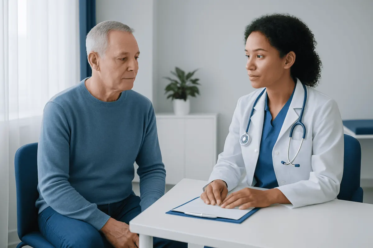 Doctor consulting with an elderly male patient in a medical office.