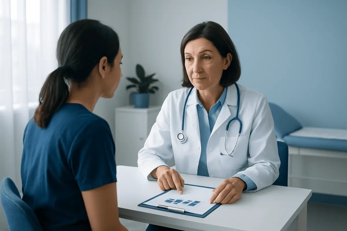 Doctor consulting with patient in a medical office setting.