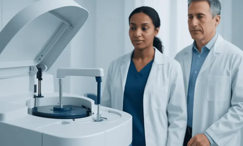 Medical professionals operating a laboratory centrifuge for blood tests.
