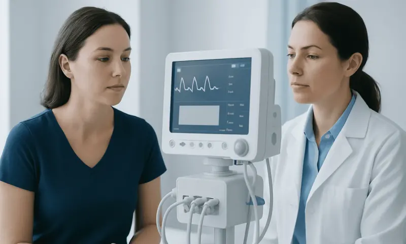 Medical professionals monitor patient with vital signs device in hospital.