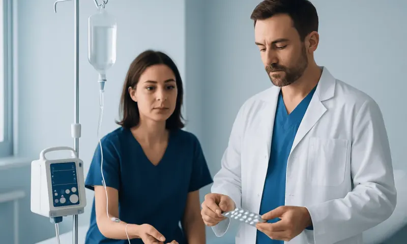 Doctor and patient discussing medication in hospital room.