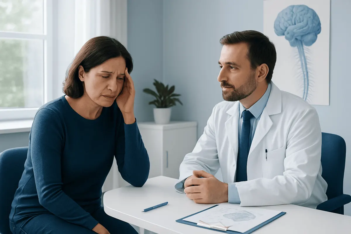 Doctor consulting with a woman experiencing headache symptoms in a medical office.