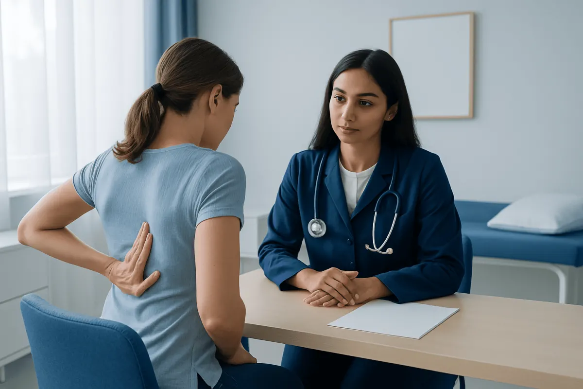 Doctor consulting a female patient with back pain in a medical office.