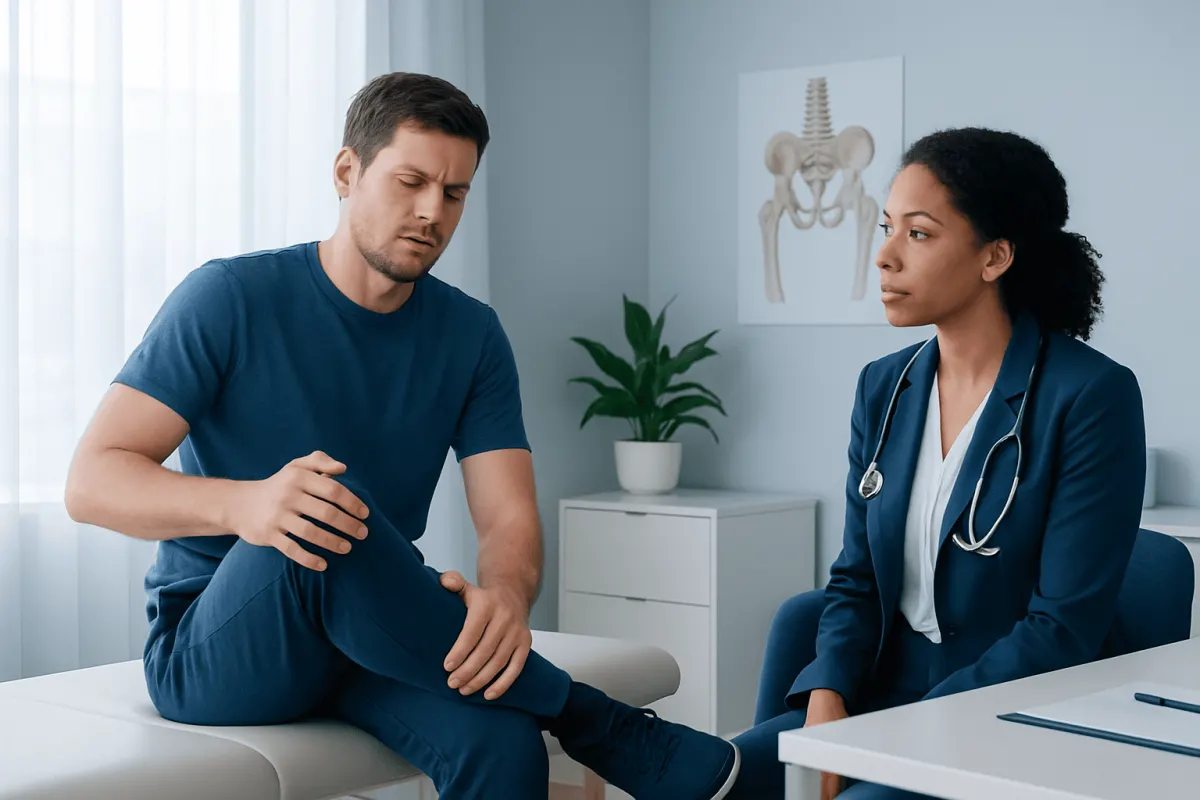 Patient consulting doctor about hip pain in a medical clinic.