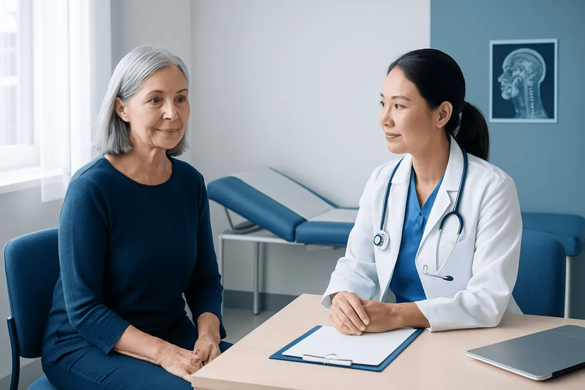 Senior woman consulting with a doctor in a hospital room.