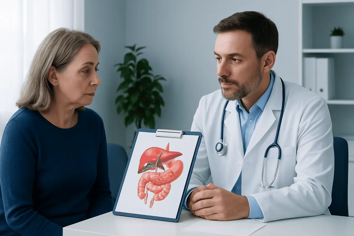 Doctor explaining digestive system to a patient in a consultation room.