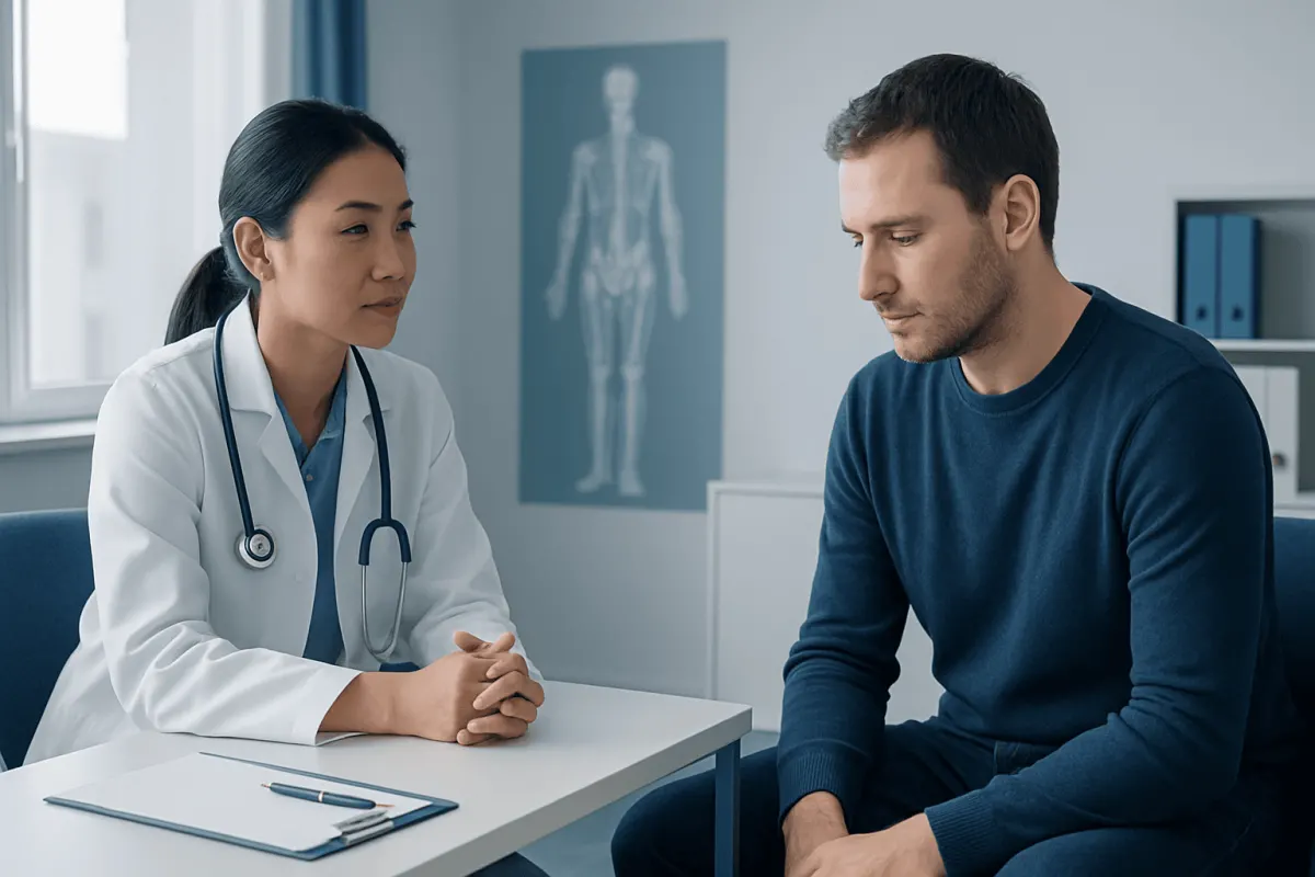 Doctor consulting with male patient in medical office.