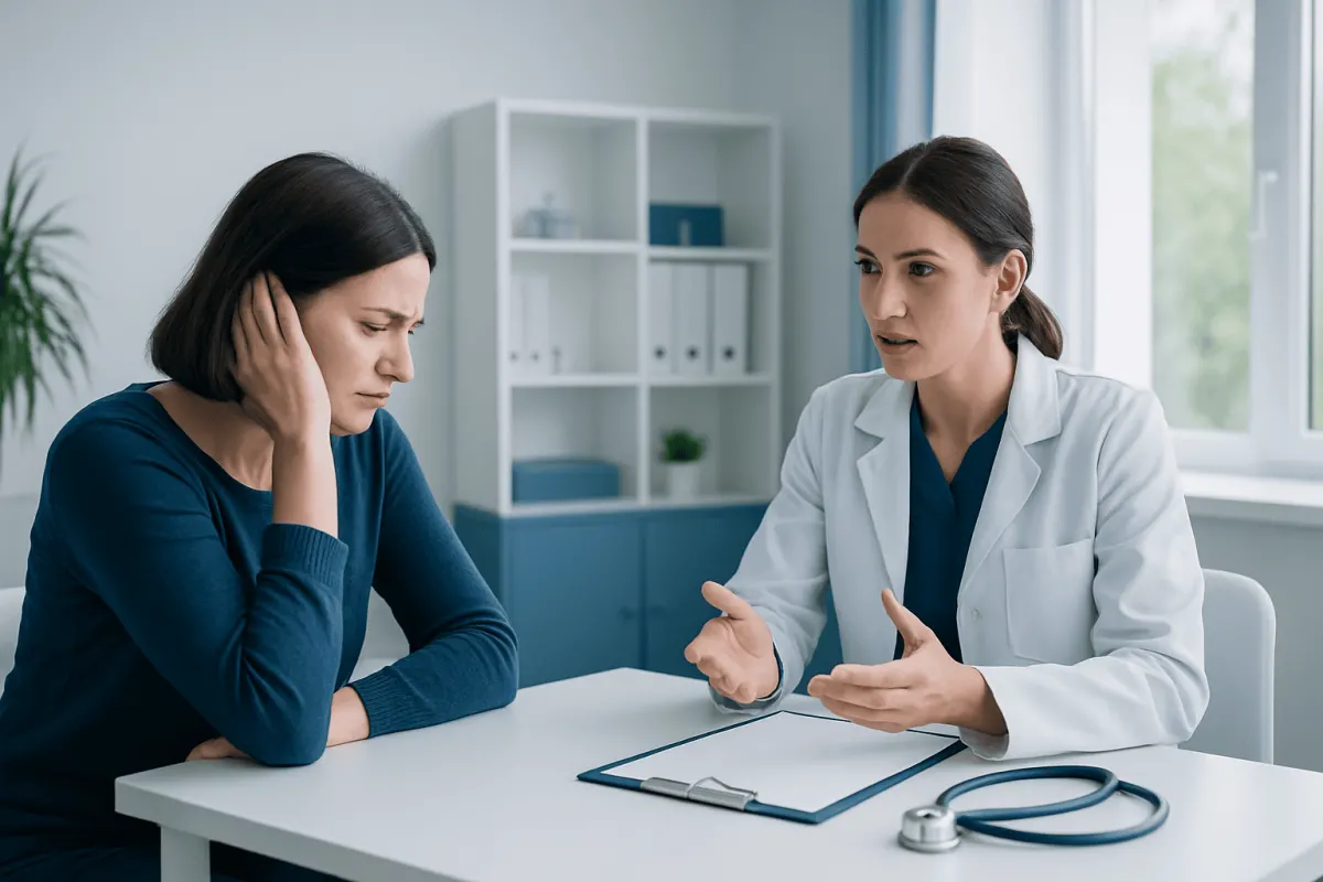 Doctor consulting with a patient about ear issues in a medical office.