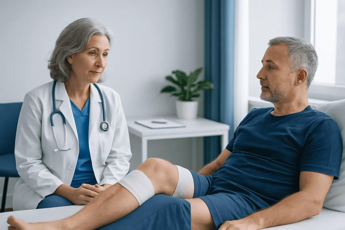 Doctor consulting with patient after knee surgery in hospital room.