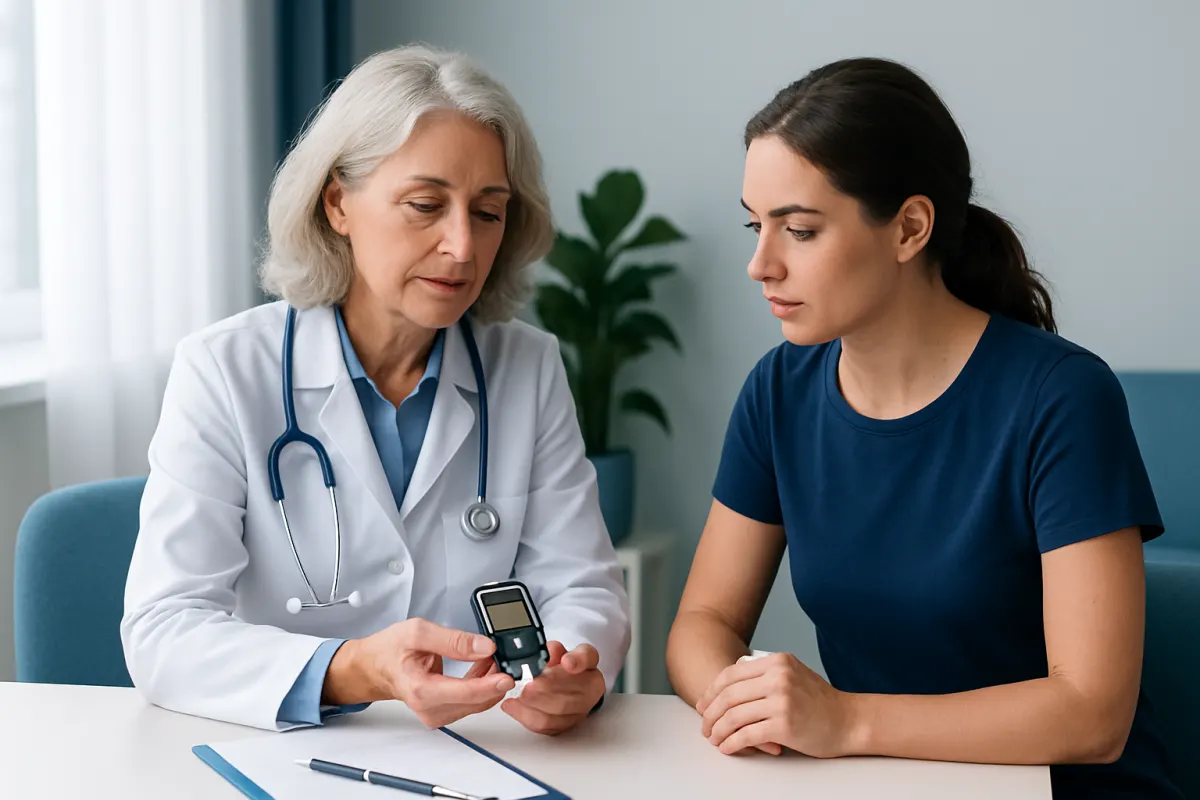 Doctor explaining blood sugar monitor to patient in a clinic setting.