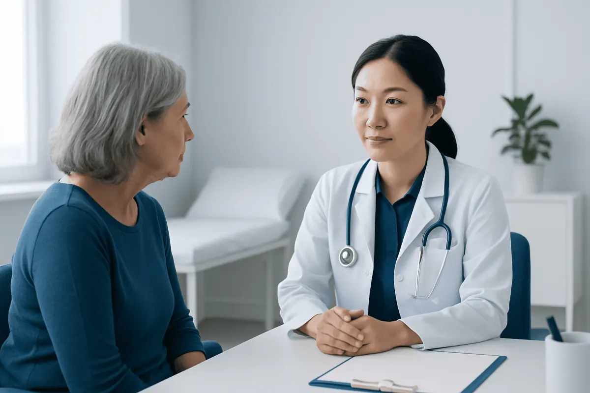 Doctor consulting with an elderly patient in a medical office.