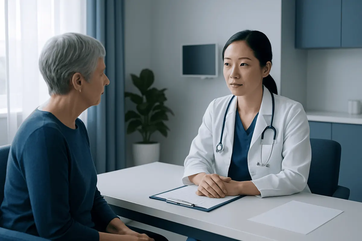 Doctor consulting with an elderly female patient in a modern clinic setting.