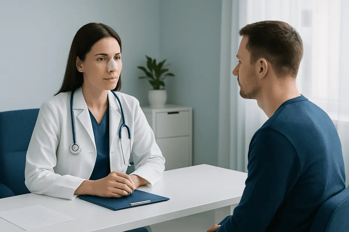 Doctor consulting with patient in a medical office setting.