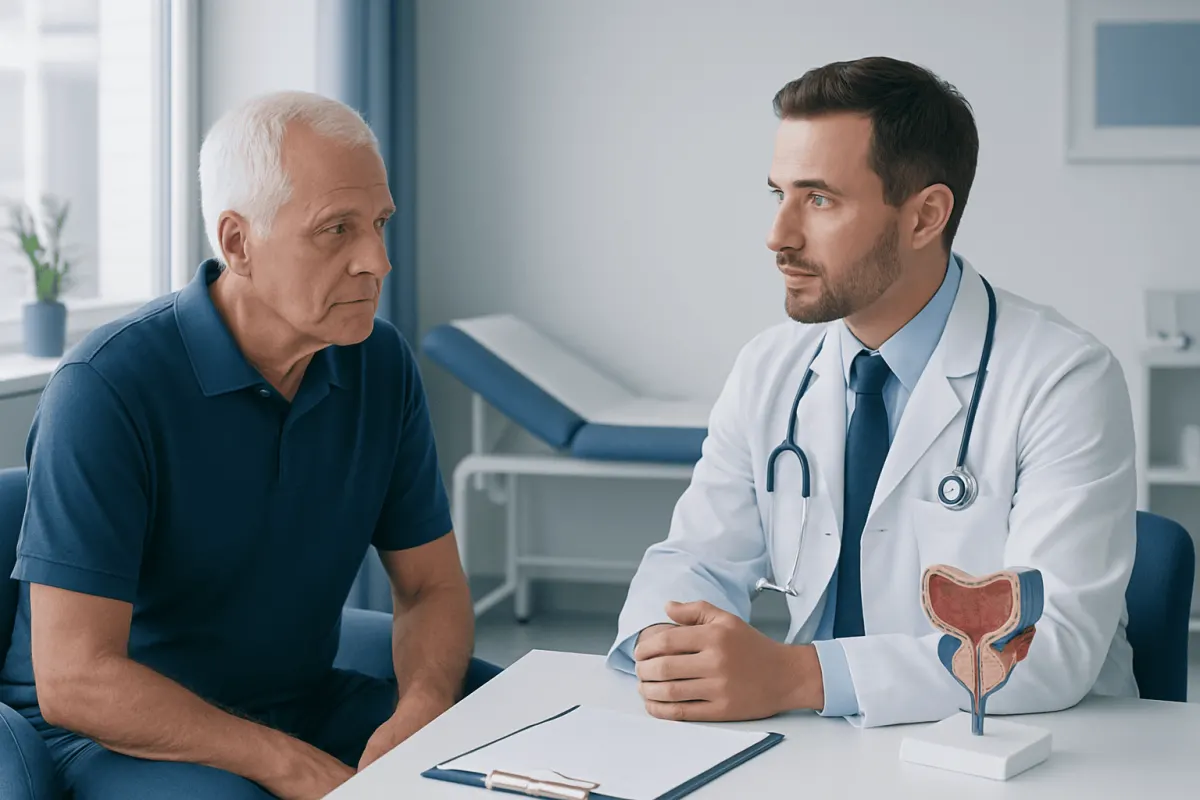 Urologist consulting with an elderly male patient in a medical office.