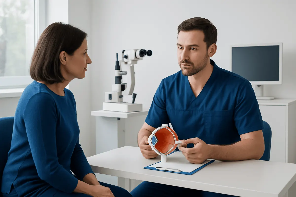 Ophthalmologist explains eye anatomy to patient in clinic setting.