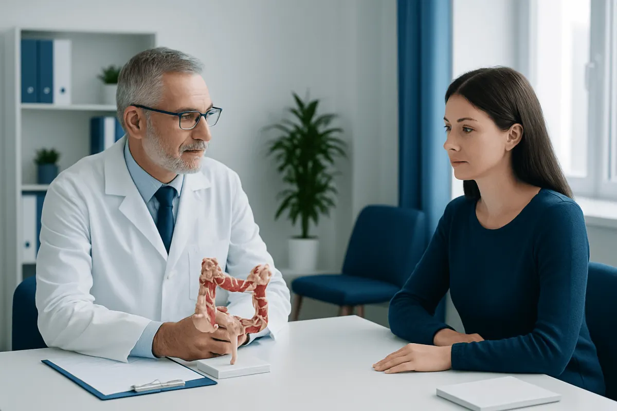 Doctor explaining colorectal health to a patient in a consultation room.